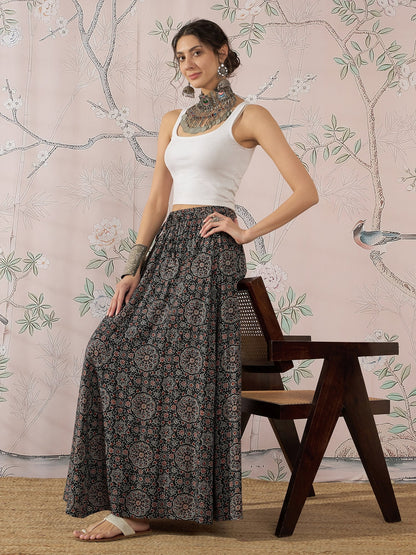 InWeave Black Maroon Ajrakh Fr Skirt