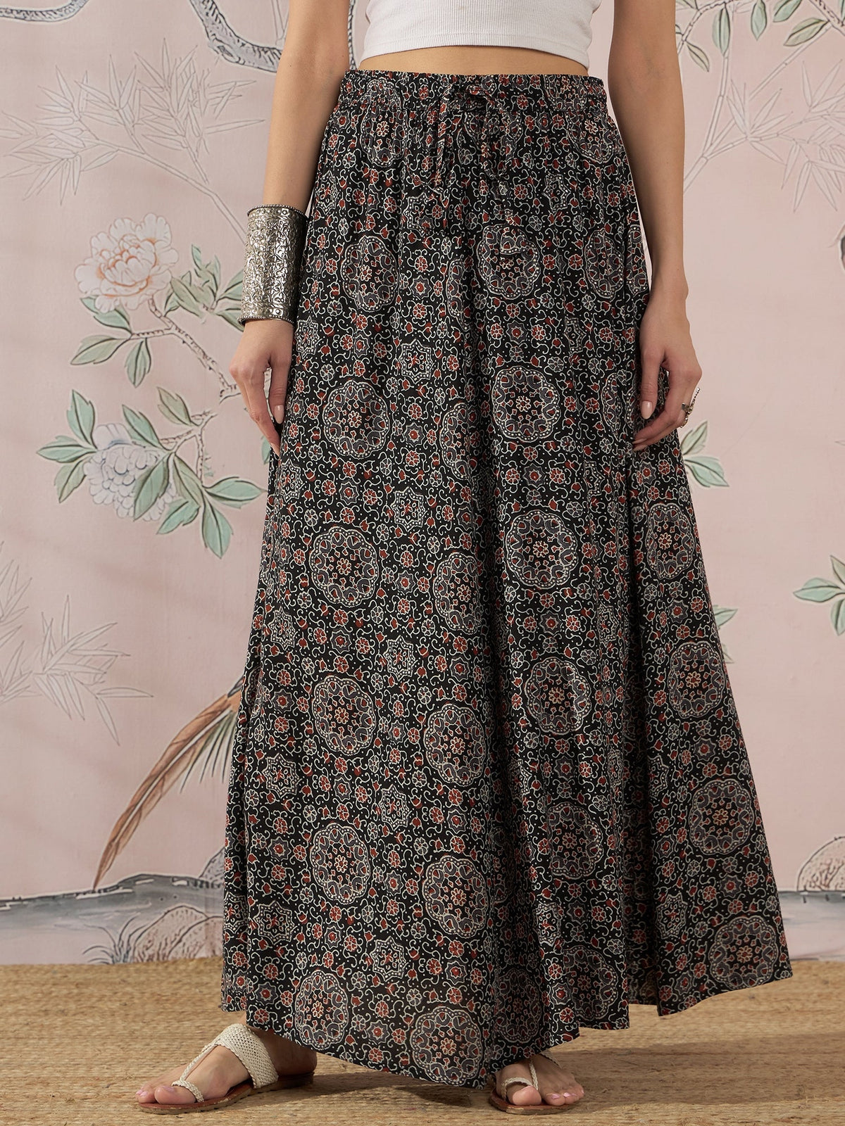InWeave Black Maroon Ajrakh Fr Skirt