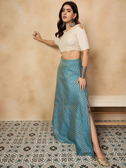 InWeave Maya Blue Brocade Side Slit Skirt