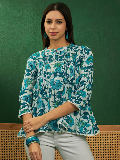 InWeave White Sea Blue Floral Print Front Pintex Lace Top