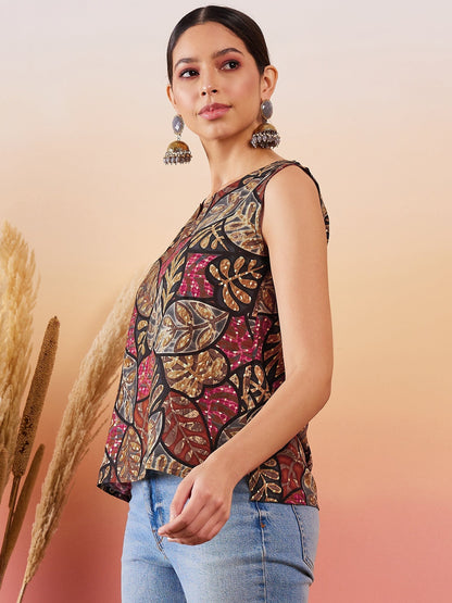 InWeave Black Grey Leaf Print Foil W/S Top