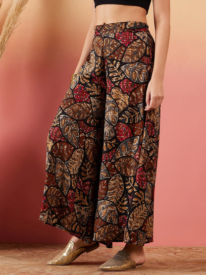 InWeave Black Grey Leaf Print Foil Palazzo