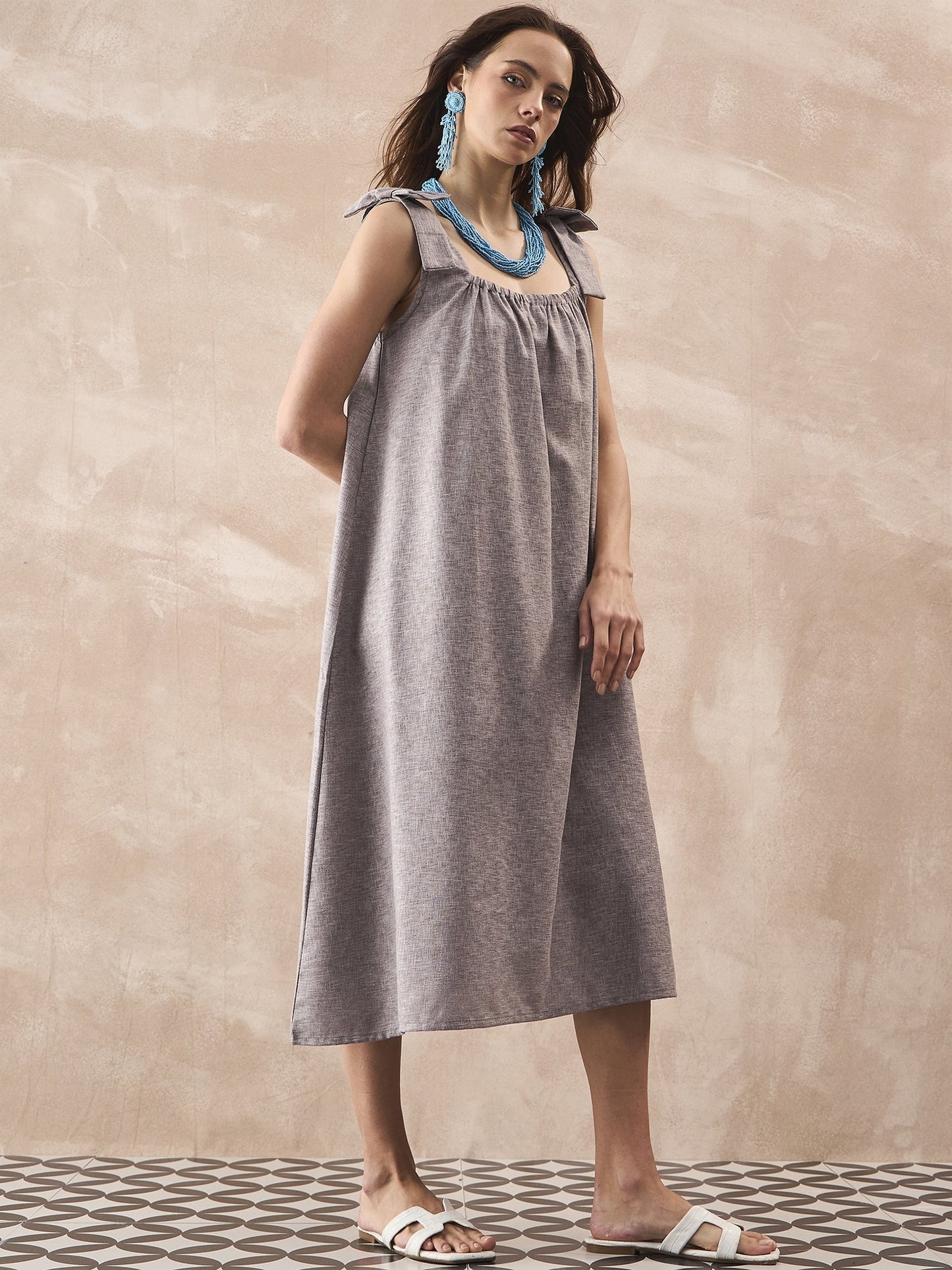 InWeave Dull Grey Linen Pleat Bow Dress