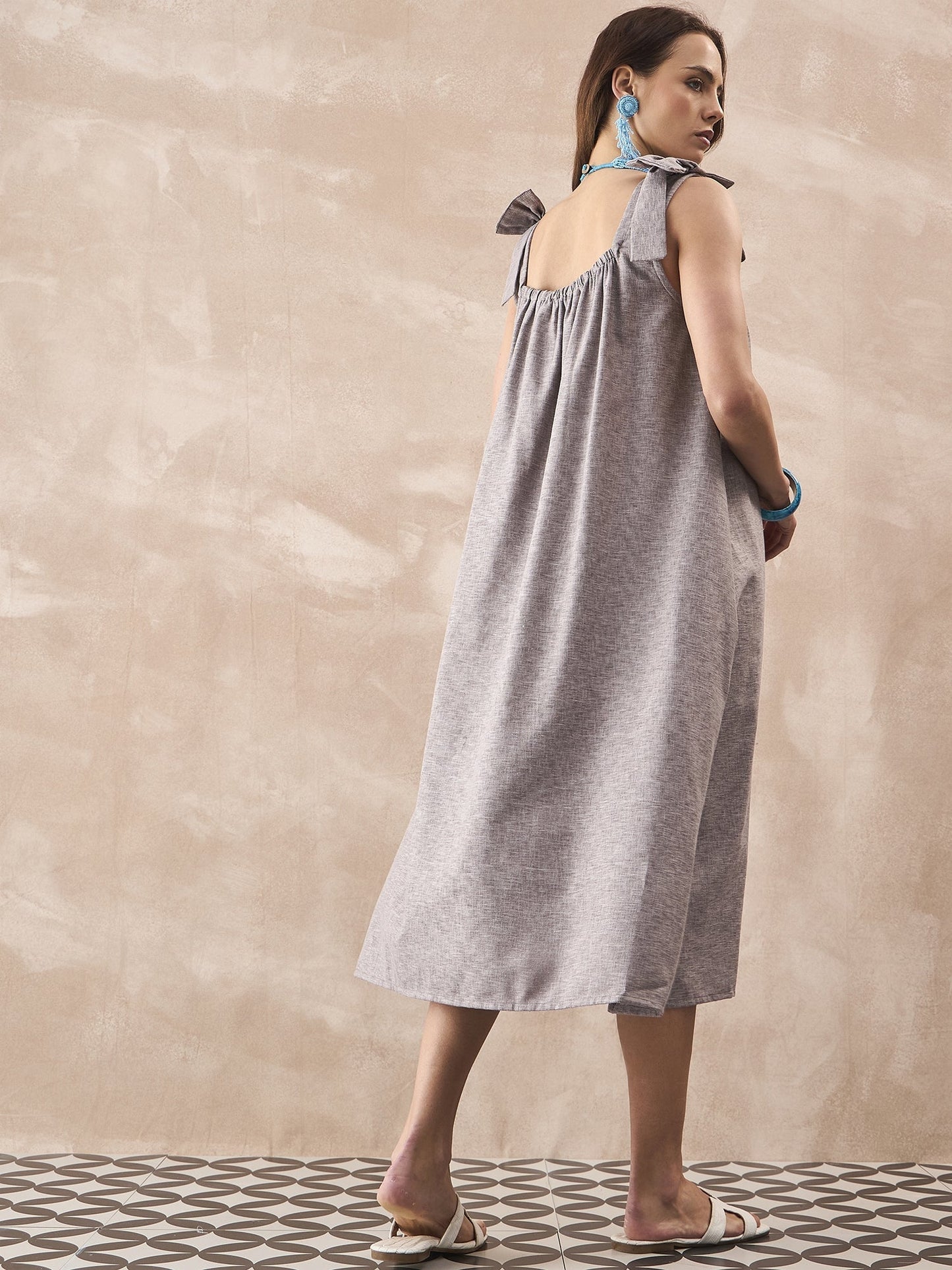 InWeave Dull Grey Linen Pleat Bow Dress