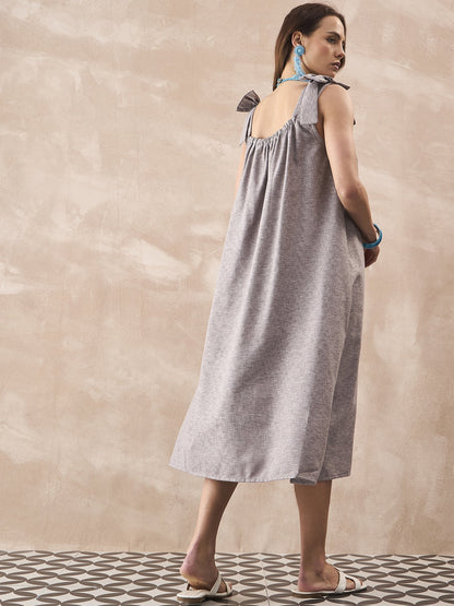 InWeave Dull Grey Linen Pleat Bow Dress