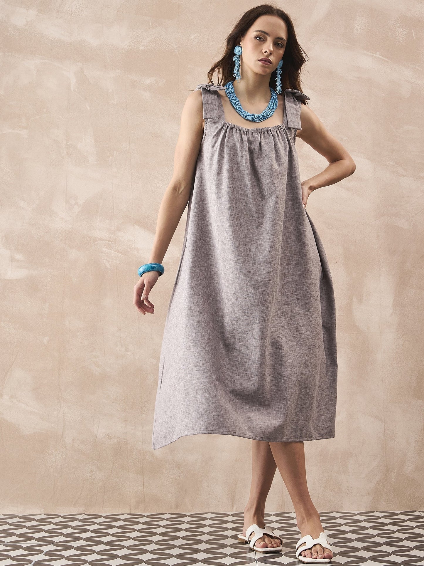 InWeave Dull Grey Linen Pleat Bow Dress