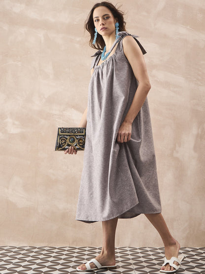 InWeave Dull Grey Linen Pleat Bow Dress