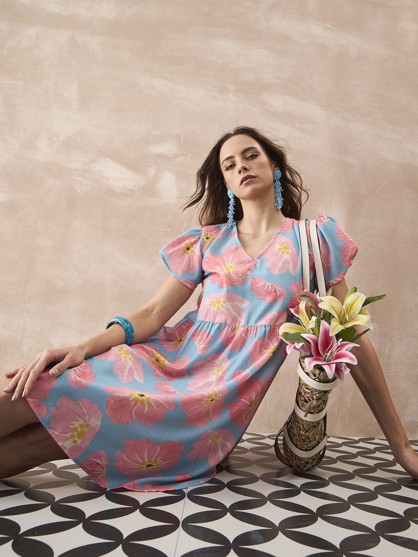 InWeave Skyblue Peach Short Dress