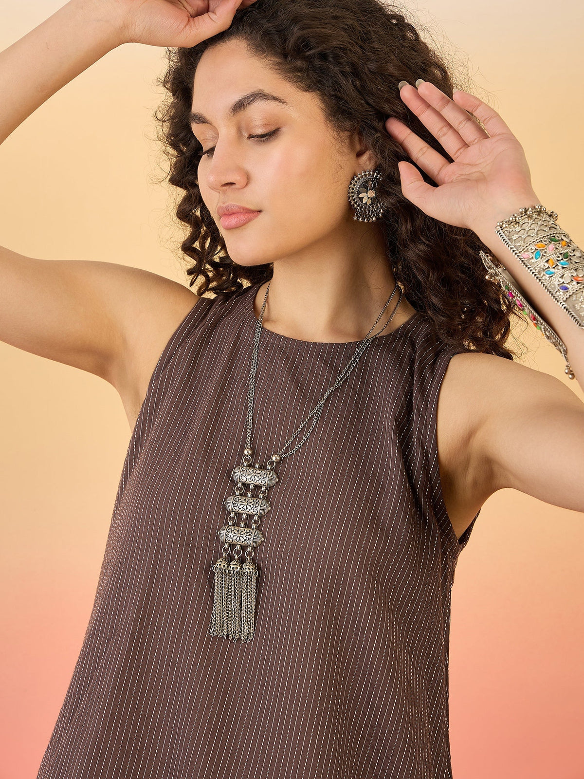 InWeave Dark Brown Kantha R Neck W/S Dress