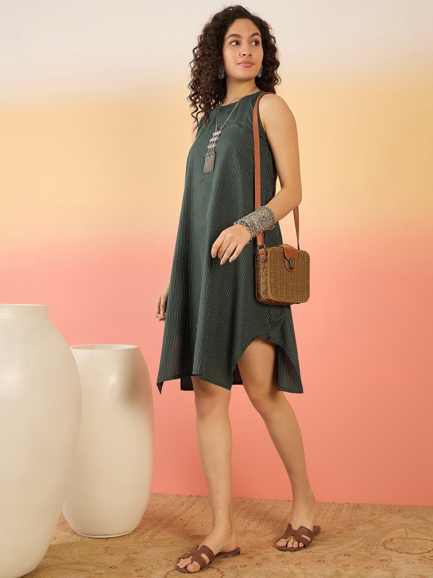InWeave Dark Green Kantha R Neck W/S Dress