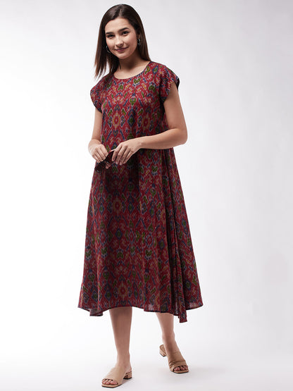 InWeave Abstract A- Line Ikkat Print Dress