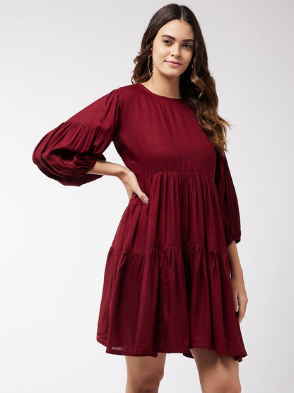 InWeave Women's Barn Red Flared Short Dress