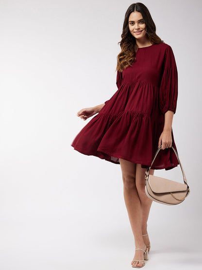 InWeave Women's Barn Red Flared Short Dress
