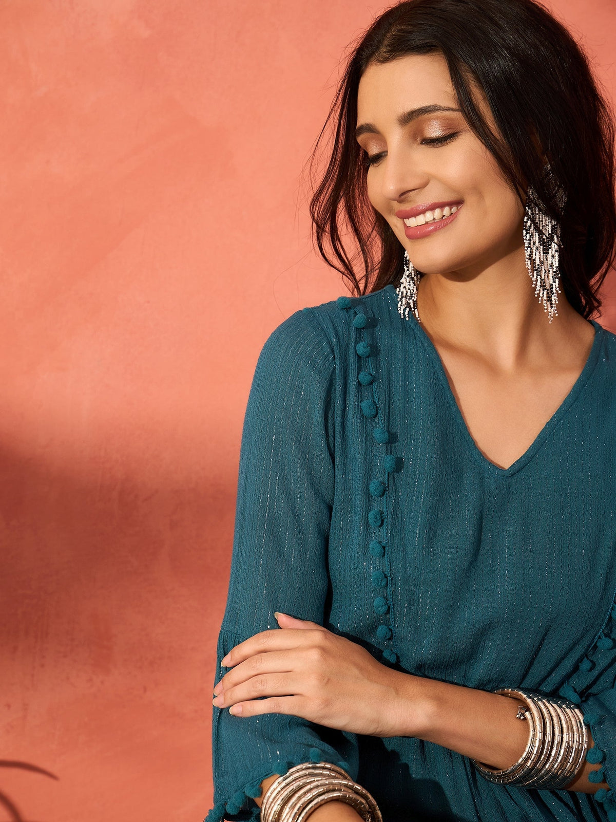 InWeave Teal Lurex Dress With Lace