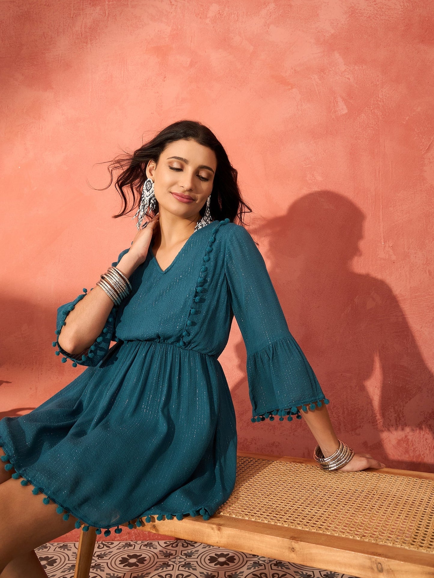 InWeave Teal Lurex Dress With Lace