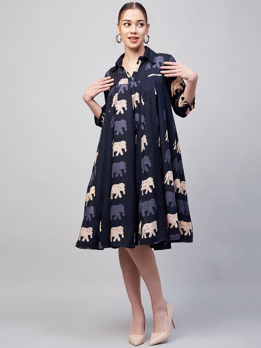InWeave Women's Blue Elephant Print Flared Dress