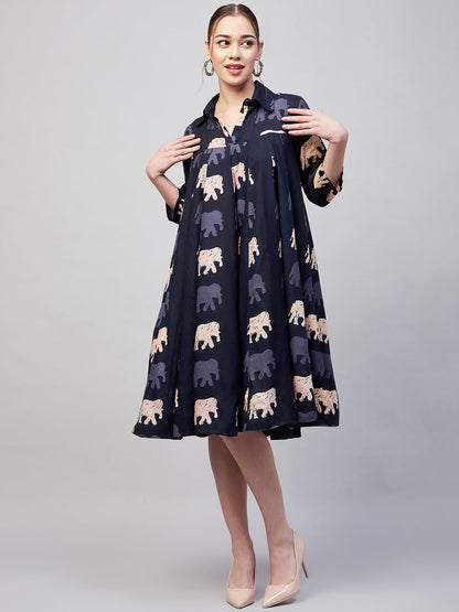 InWeave Women's Blue Elephant Print Flared Dress