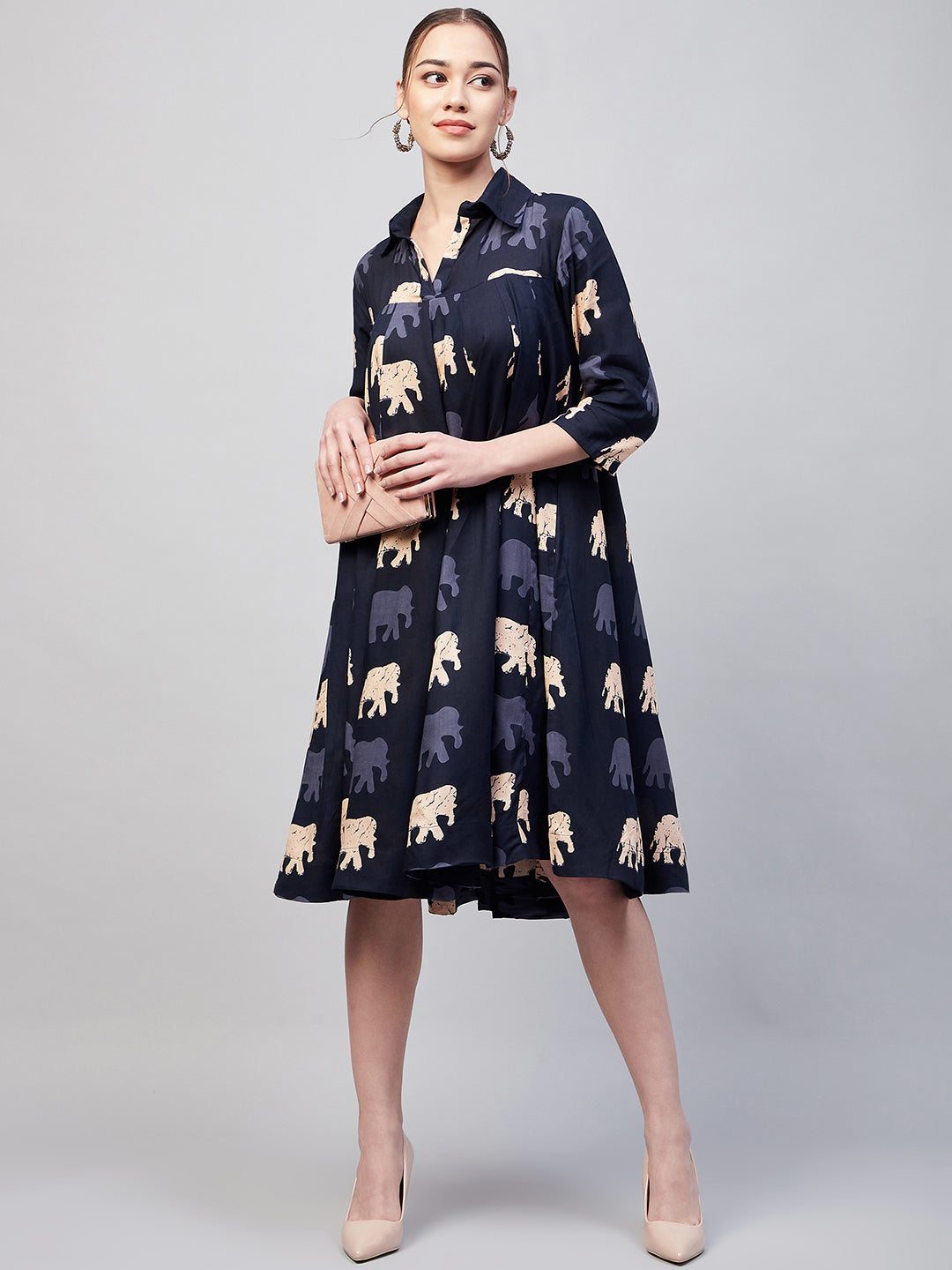 InWeave Women's Blue Elephant Print Flared Dress