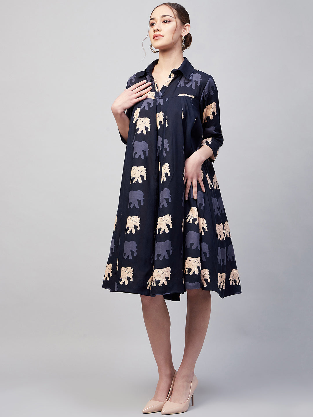 InWeave Women's Blue Elephant Print Flared Dress