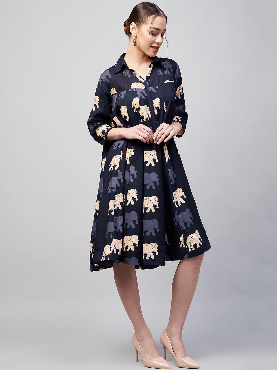 InWeave Women's Blue Elephant Print Flared Dress
