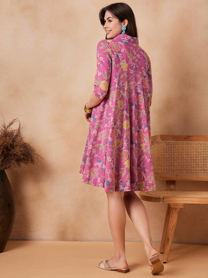 InWeave Dull Pink Floral Printed Flared Dress