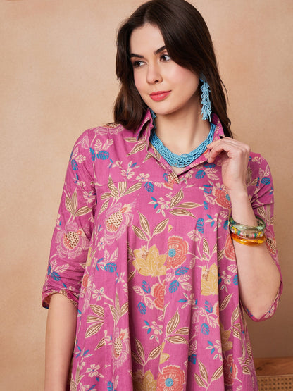 InWeave Dull Pink Floral Printed Flared Dress