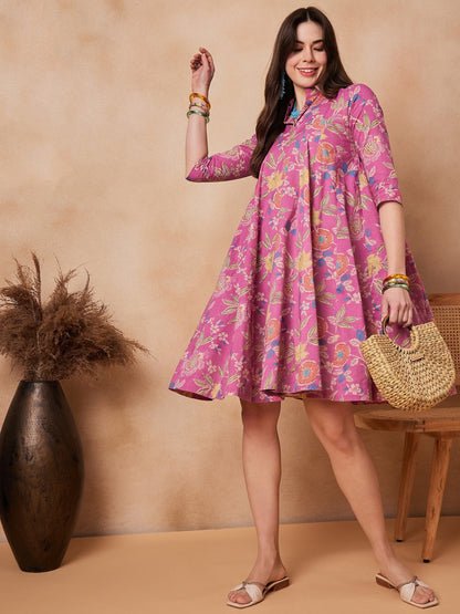 InWeave Dull Pink Floral Printed Flared Dress