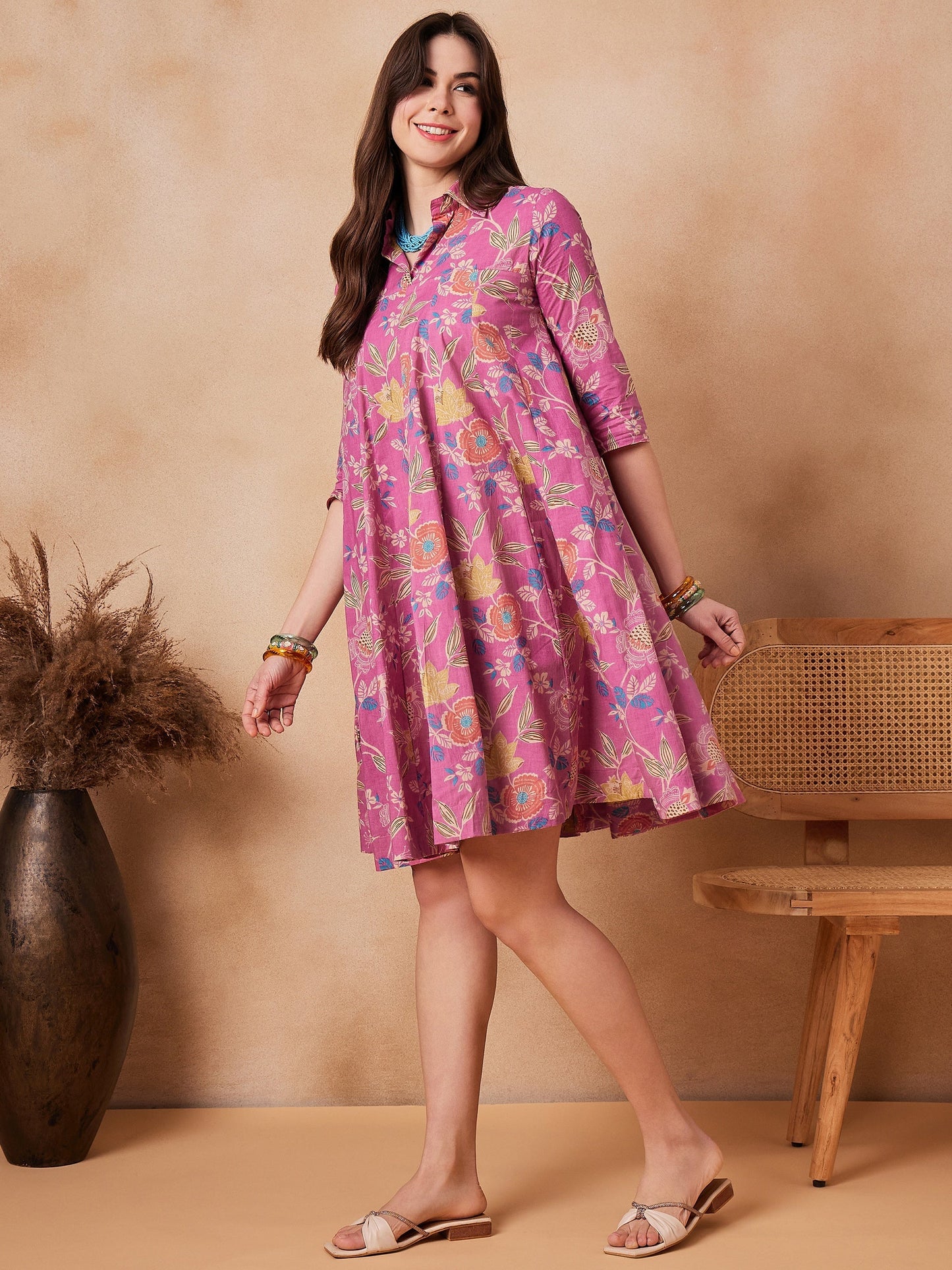 InWeave Dull Pink Floral Printed Flared Dress