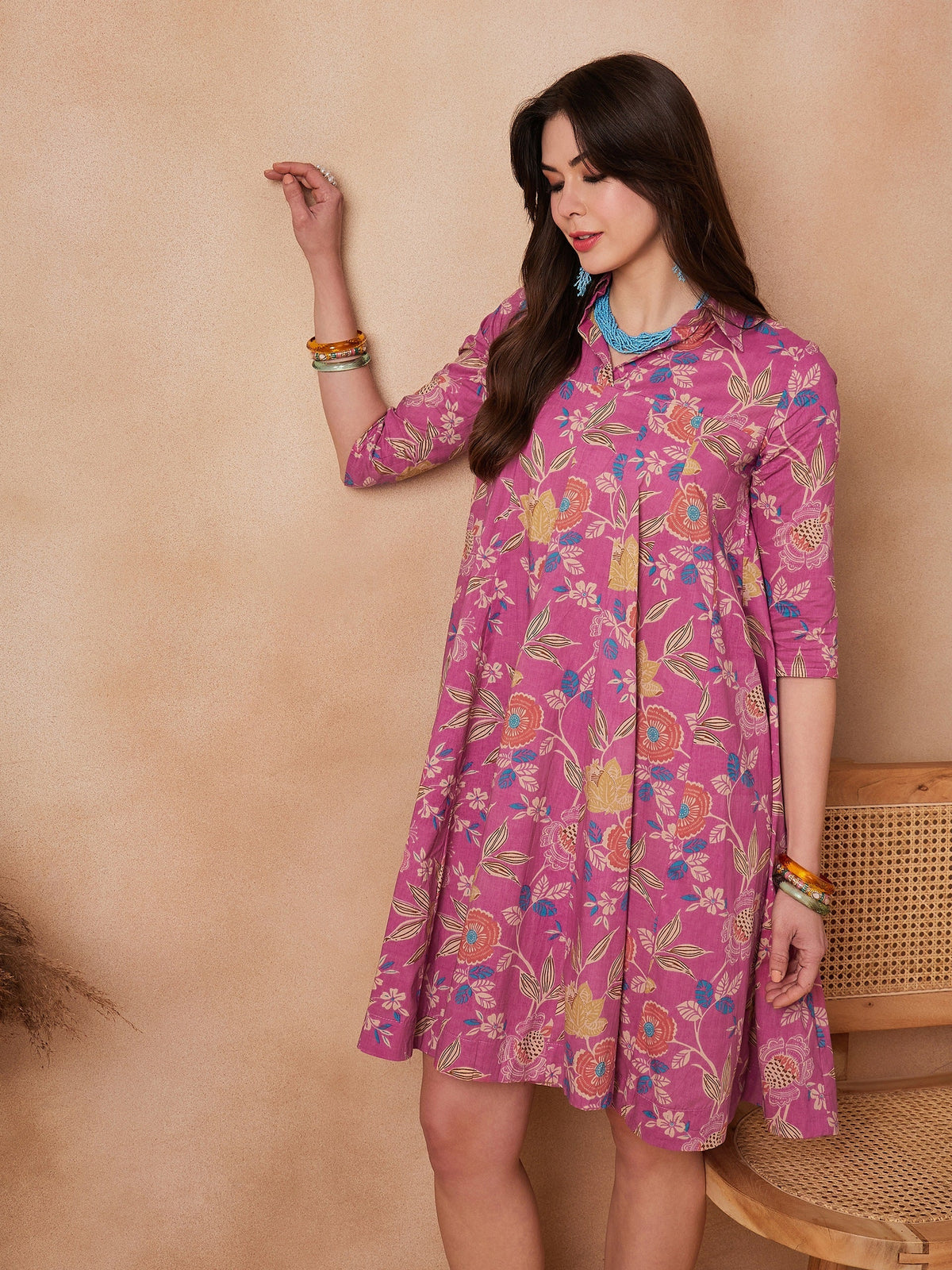 InWeave Dull Pink Floral Printed Flared Dress