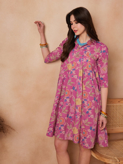 InWeave Dull Pink Floral Printed Flared Dress