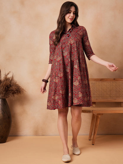 InWeave Rust Scales Printed Flared Dress