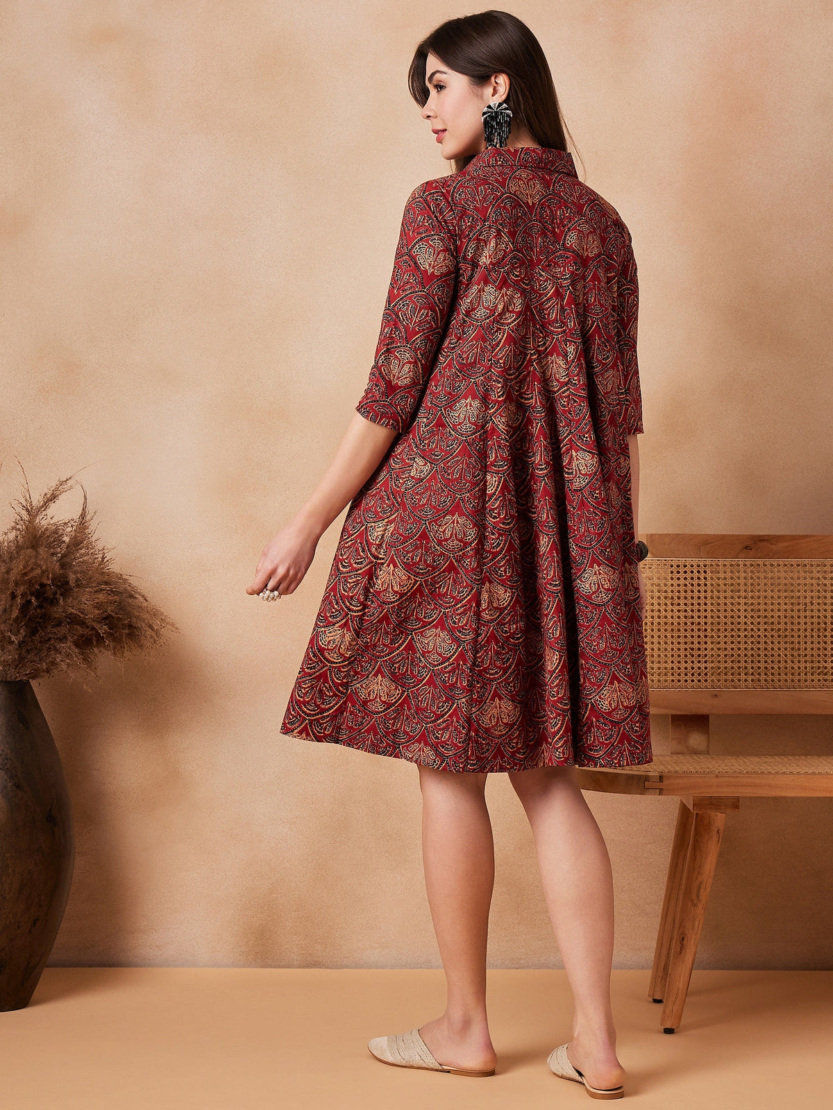 InWeave Rust Scales Printed Flared Dress