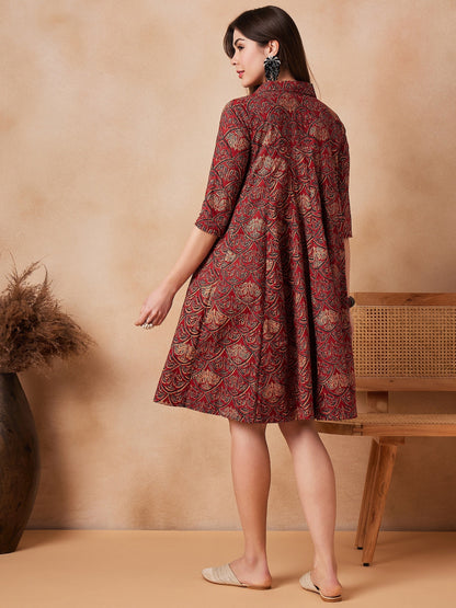 InWeave Rust Scales Printed Flared Dress