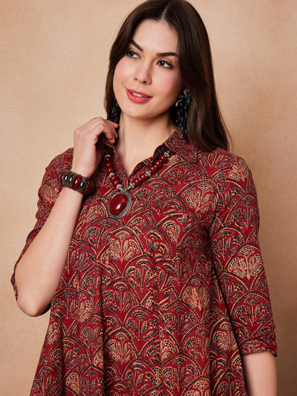 InWeave Rust Scales Printed Flared Dress