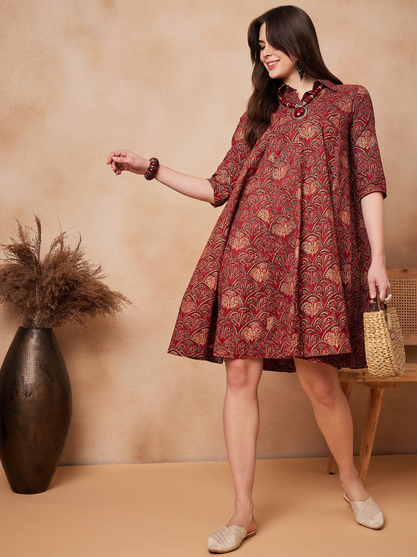 InWeave Rust Scales Printed Flared Dress