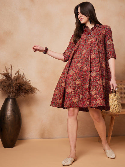 InWeave Rust Scales Printed Flared Dress