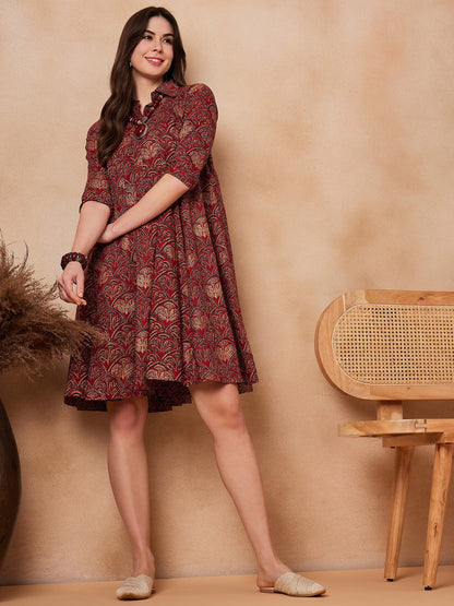 InWeave Rust Scales Printed Flared Dress
