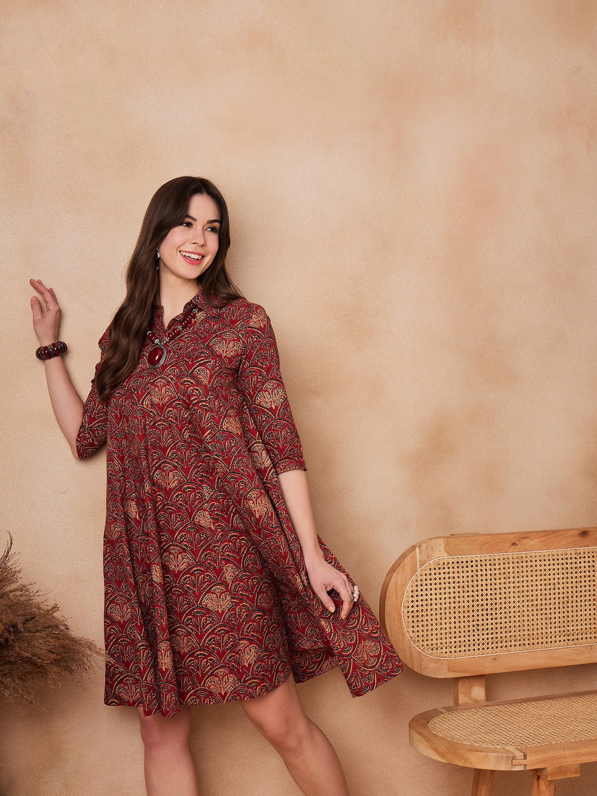 InWeave Rust Scales Printed Flared Dress