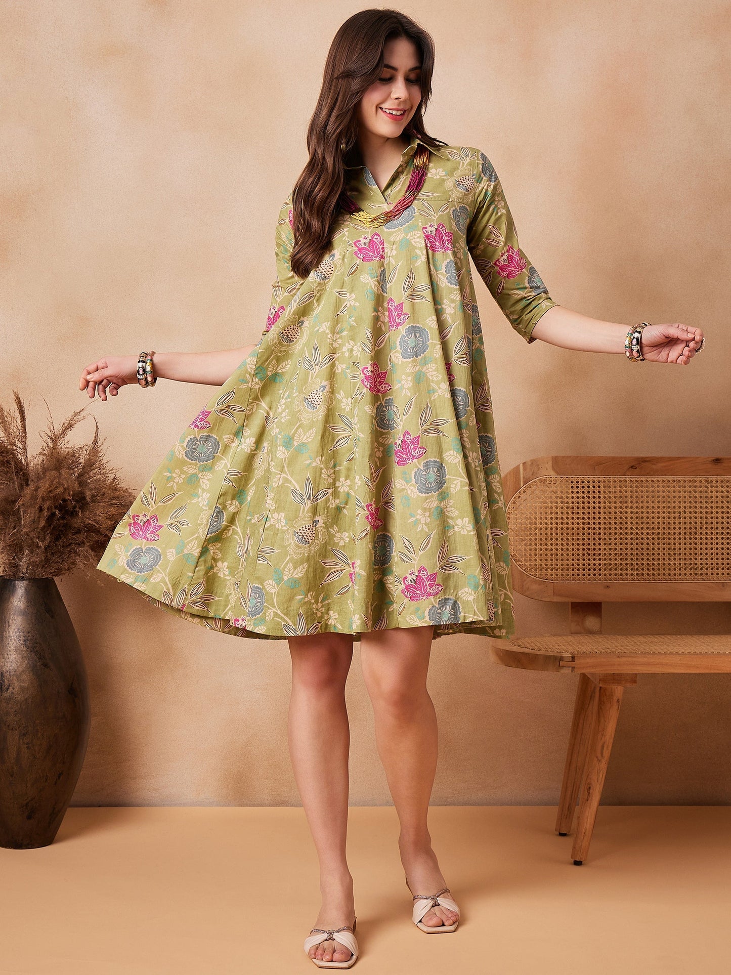 InWeave Light Lime Green Floral Printed Flared Dress