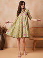 InWeave Light Lime Green Floral Printed Flared Dress