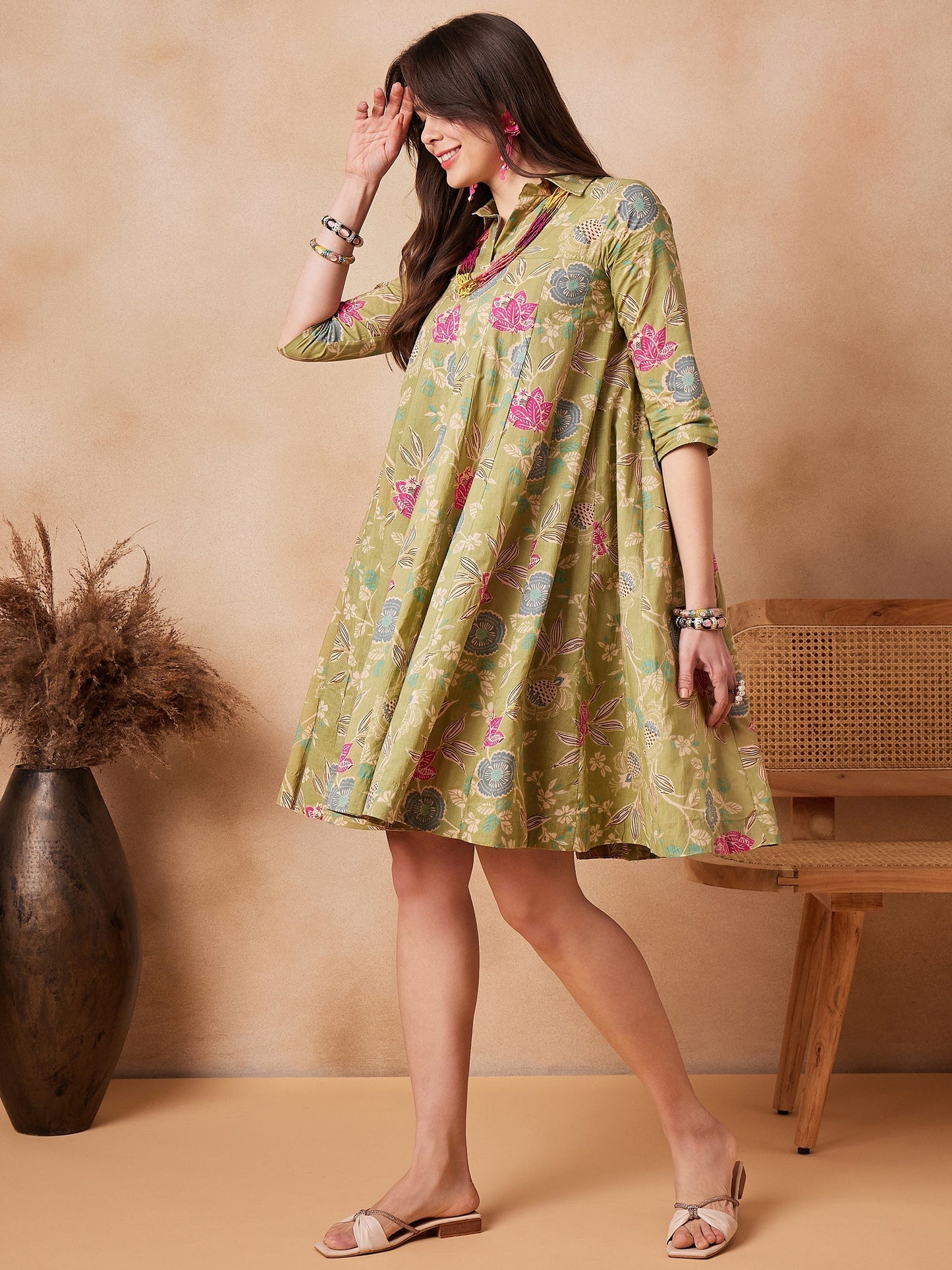 InWeave Light Lime Green Floral Printed Flared Dress