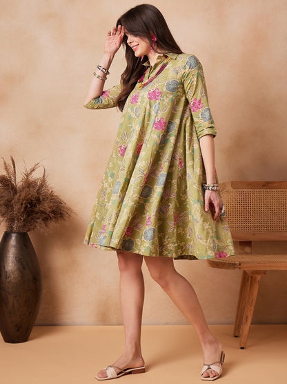 InWeave Light Lime Green Floral Printed Flared Dress