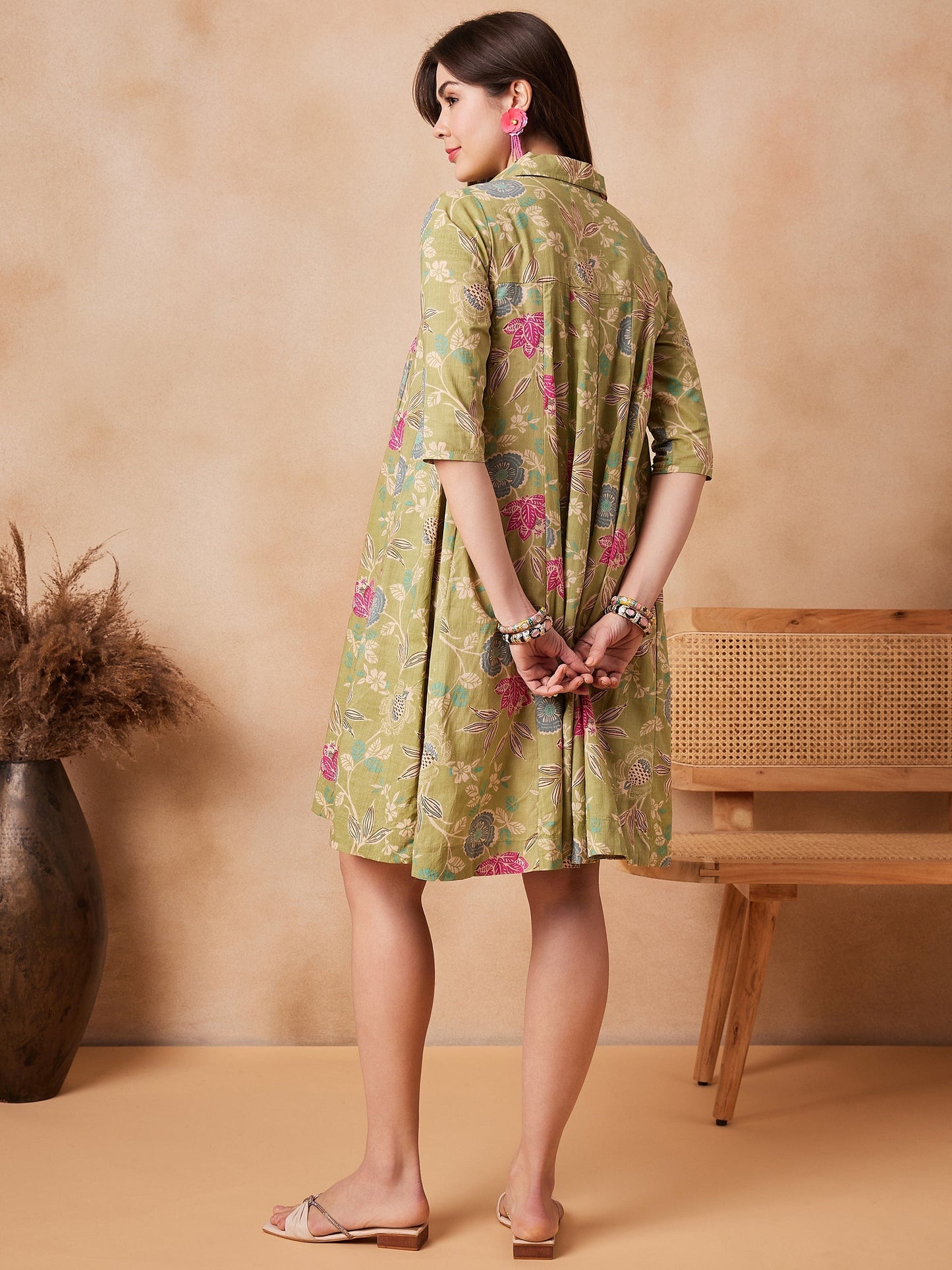 InWeave Light Lime Green Floral Printed Flared Dress