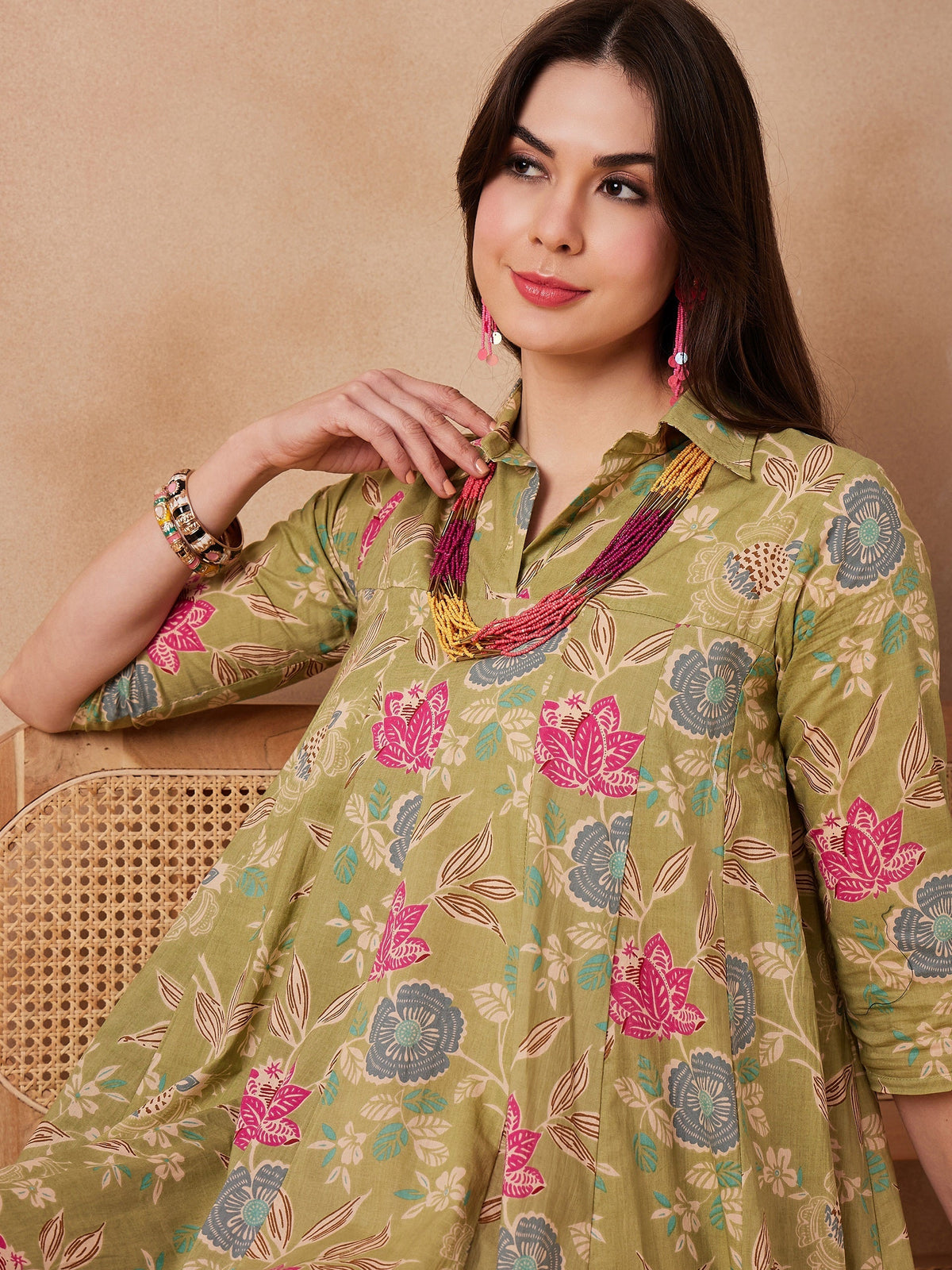 InWeave Light Lime Green Floral Printed Flared Dress