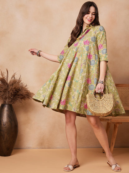 InWeave Light Lime Green Floral Printed Flared Dress