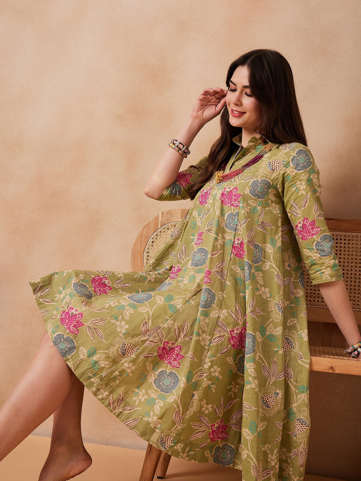InWeave Light Lime Green Floral Printed Flared Dress