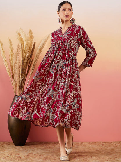 InWeave Maroon Beige Blue Print Deep V Neck Flared Dress