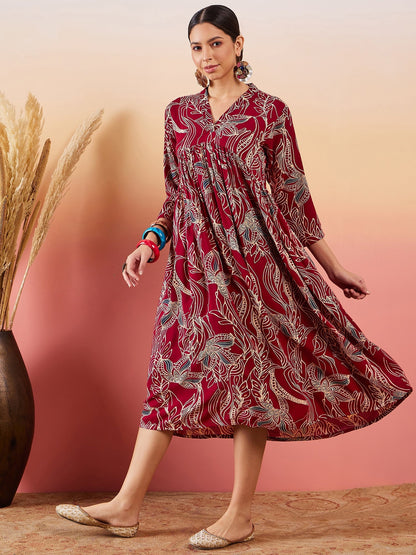 InWeave Maroon Beige Blue Print Deep V Neck Flared Dress