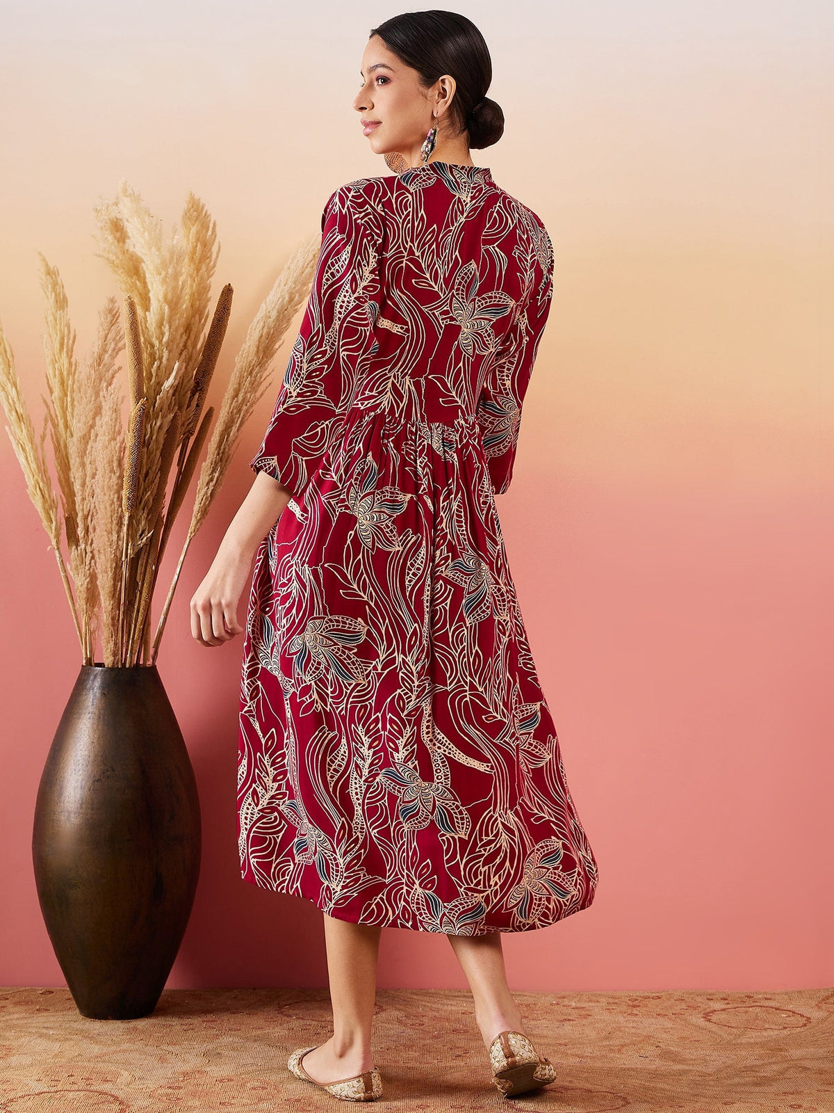 InWeave Maroon Beige Blue Print Deep V Neck Flared Dress