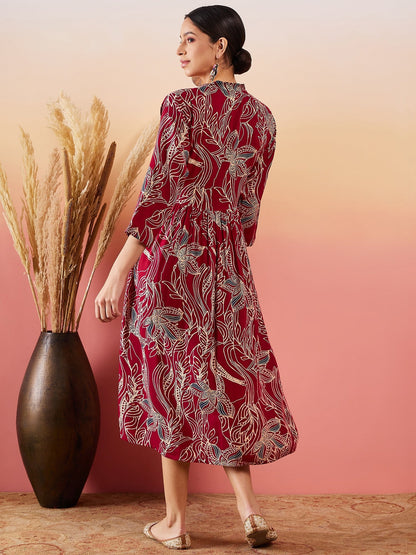 InWeave Maroon Beige Blue Print Deep V Neck Flared Dress